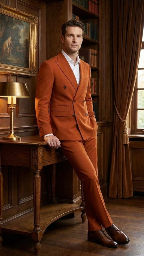 The Vitali brand men's burnt orange double-breasted suit features a tailored fit with a structured silhouette. The jacket has peaked lapels and dual rows of buttons, while the trousers are slim cut.