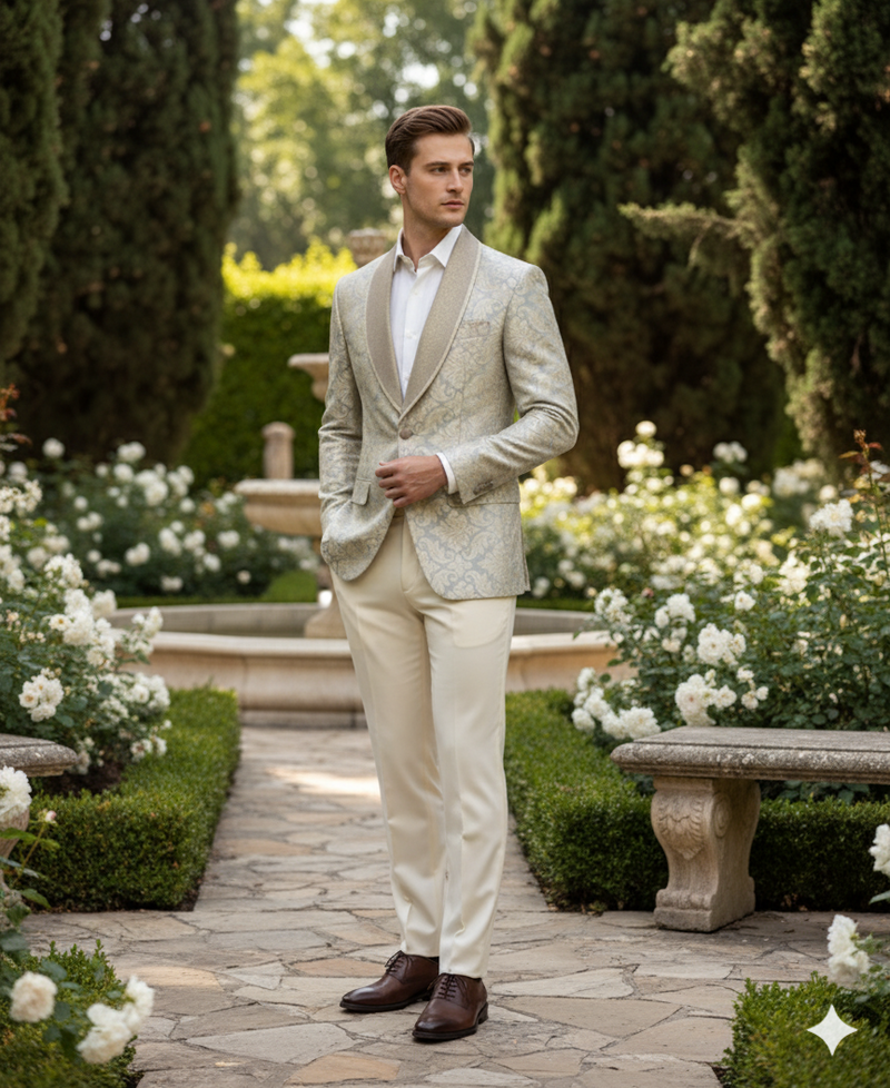 Champagne silver men's blazer. Luxurious with cream embroidery, featuring a floral pattern in light tan. Structured shape, smooth satin-like finish, and contrasting shawl lapels.
