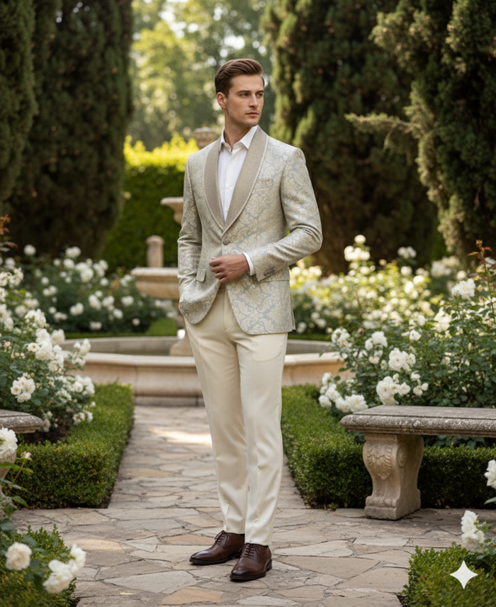 Champagne silver men's blazer. Luxurious with cream embroidery, featuring a floral pattern in light tan. Structured shape, smooth satin-like finish, and contrasting shawl lapels.

