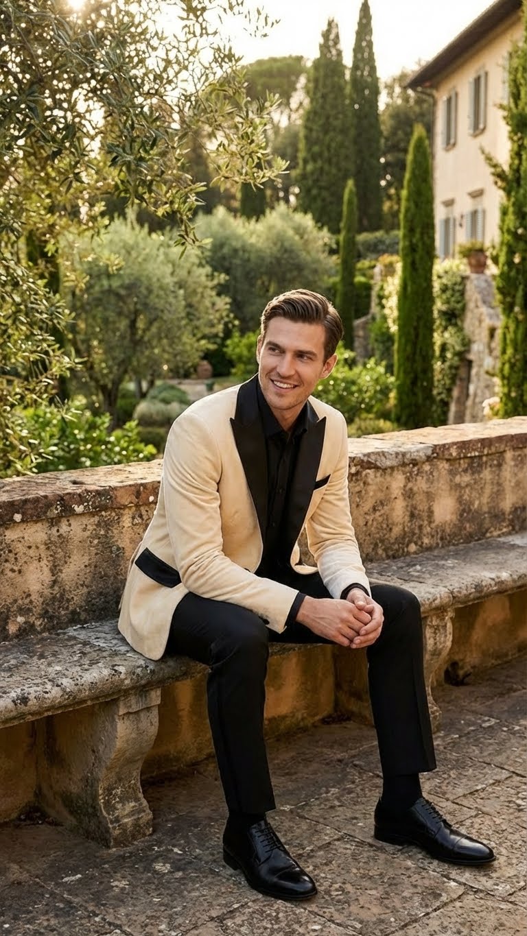 Ivory men's dinner jacket: cream velvet, structured fit. Black satin lapel. Worn with black dress pants for a formal, contrasting look.
