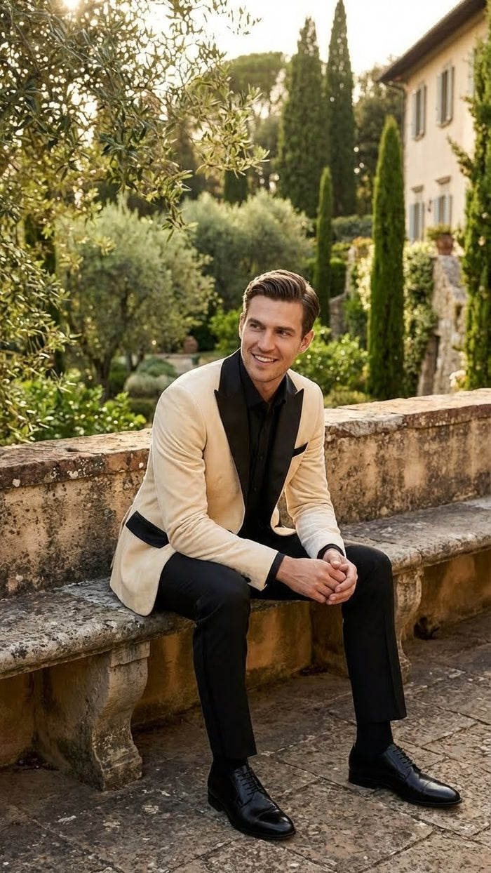 Ivory men's dinner jacket: cream velvet, structured fit. Black satin lapel. Worn with black dress pants for a formal, contrasting look.

