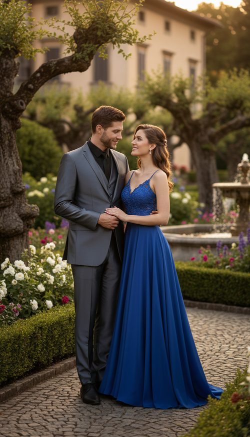 Dark grey men's slim-fit two-piece suit. Shiny, satin-like material. Jacket: single-button closure. Pants: straight cut. Reflects light distinctly, formal appearance.
