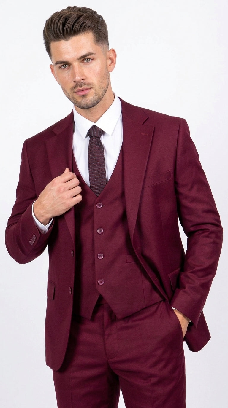 Men’s Stacy Adams Brand Burgundy 3 Piece Suit – Two Button Vested Style church wedding Modern Fit Suit