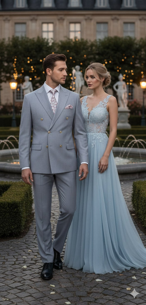 Men's silver-grey Alberto Nardoni 3-piece suit. Double-breasted with structured shoulders, tailored fit, and gold-tone buttons. Smooth fabric, sleek, modern design.