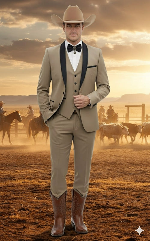 Men's western cowboy suit: tan three-piece tuxedo with black lapel, beige vest & pants. Brown cowboy boots complete the look.
