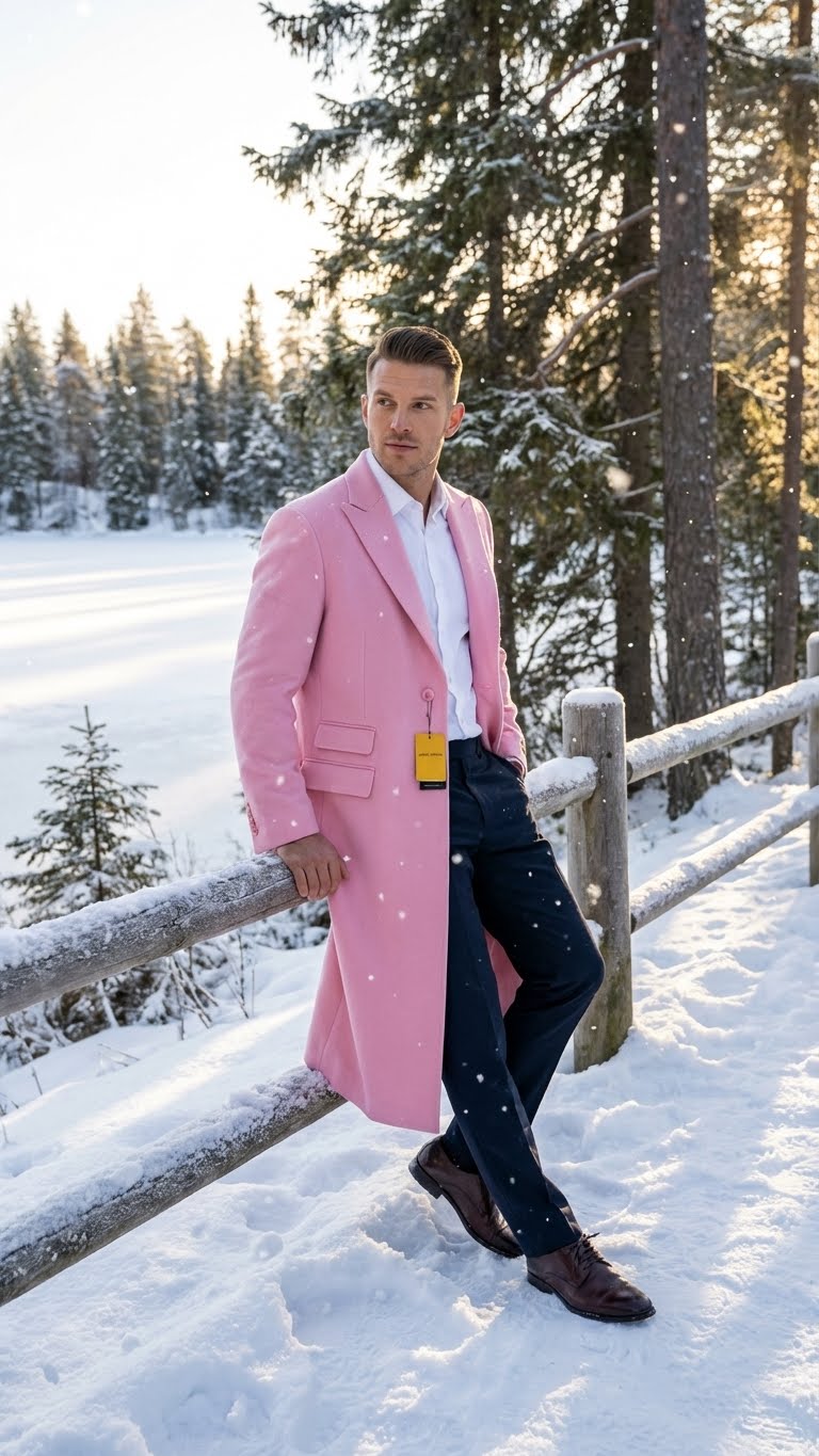 Men's pink wool blend overcoat with slim fit and straight silhouette. Tailored design with side pockets and notched lapels. Structured and stylish.
