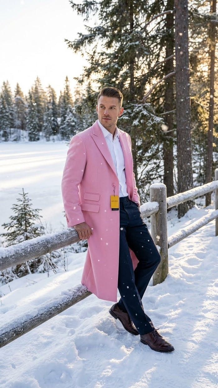 Men's pink wool blend overcoat with slim fit and straight silhouette. Tailored design with side pockets and notched lapels. Structured and stylish.
