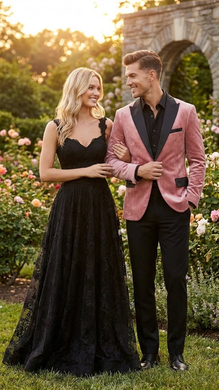 Men's dusty rose velvet blazer with black satin lapel, structured fit, single-button closure, and side pockets. Shown with black pants.
