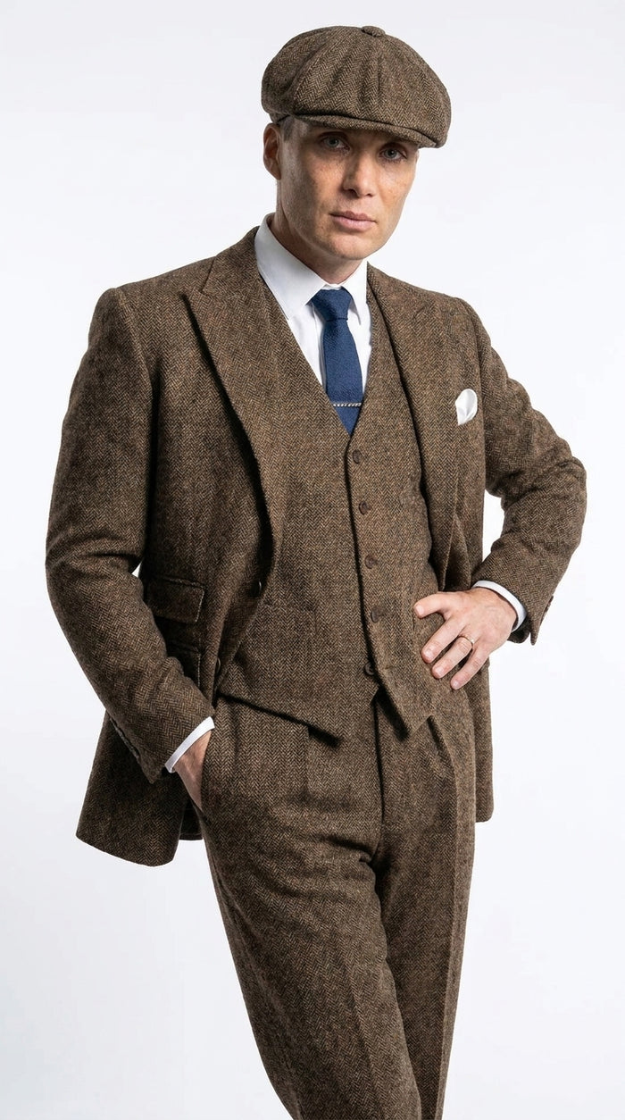 Men’s Thomas Shelby Inspired Brown Herringbone Tweed 3 Piece Suit – Peaky Blinders 1920s Vintage Suit