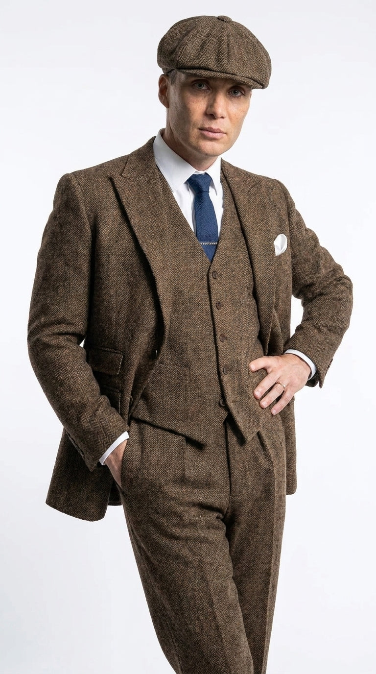 Men’s Thomas Shelby Inspired Brown Herringbone Tweed 3 Piece Suit – Peaky Blinders 1920s Vintage Suit