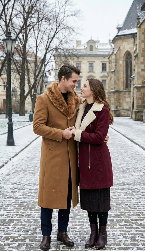 Men's Camel Brown Long Overcoat with Faux Fur Collar, Classic Winter Topcoat for Formal and Business Wear