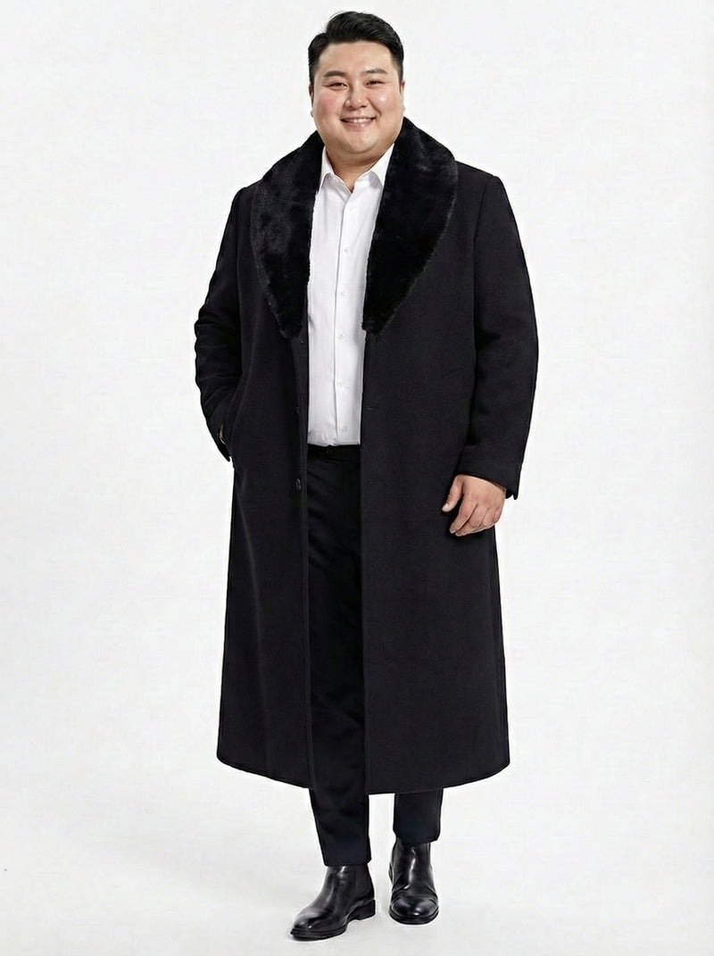 Mens Black Long Overcoat with Faux Fur Collar, Full Length Winter Topcoat for Formal and Business Wear