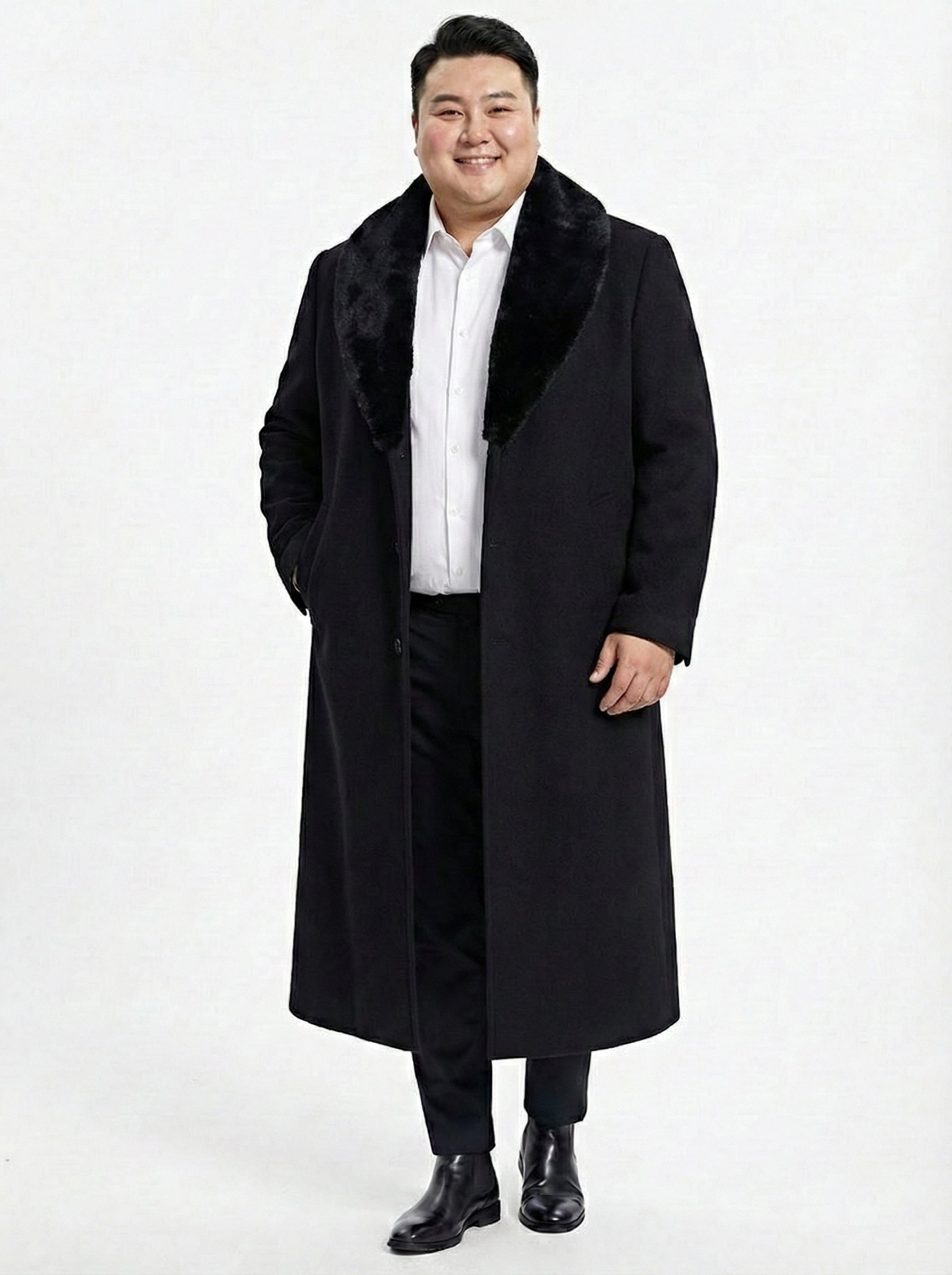 Menâ€™s Black Long Overcoat with Faux Fur Collar, Full Length Winter Topcoat for Formal and Business Wear