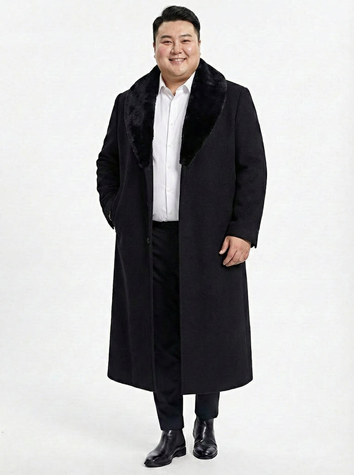 Mens Black Long Overcoat with Faux Fur Collar, Full Length Winter Topcoat for Formal and Business Wear