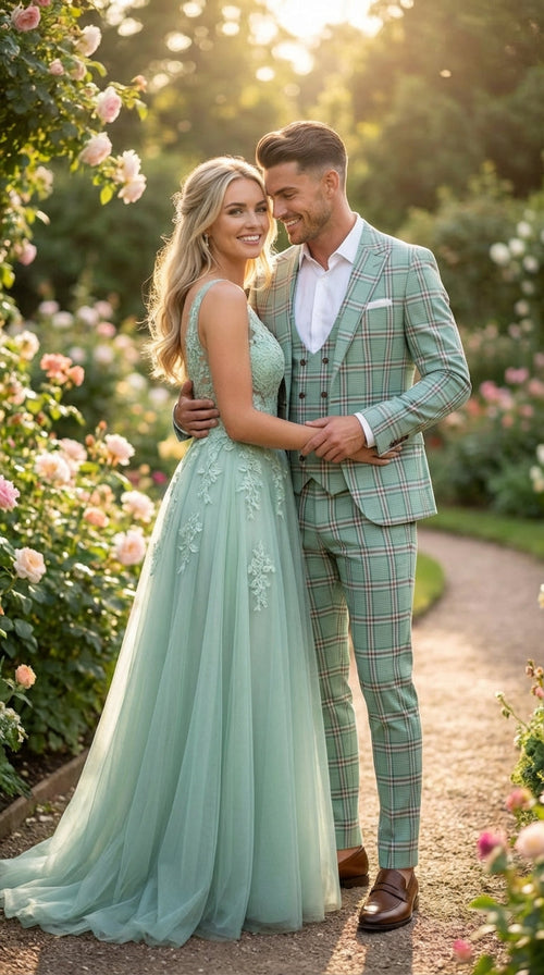 Mint Green Plaid Three Piece Suit for Men | Classic Checkered Formal Suit with Jacket Vest and Pants By Rossiman
