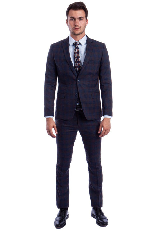 "Men's Skinny Fit Two Button Plaid Suit with Low Cut Vest - Blue & Brown"