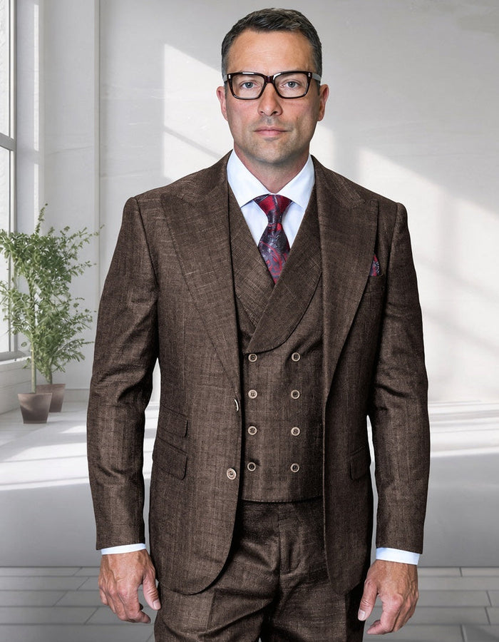 Mens Ticket Pocket Peak Lapel Double breasted Vest 100% Wool Tom Ford Style Modern Fit in Color "Brown" By Statement