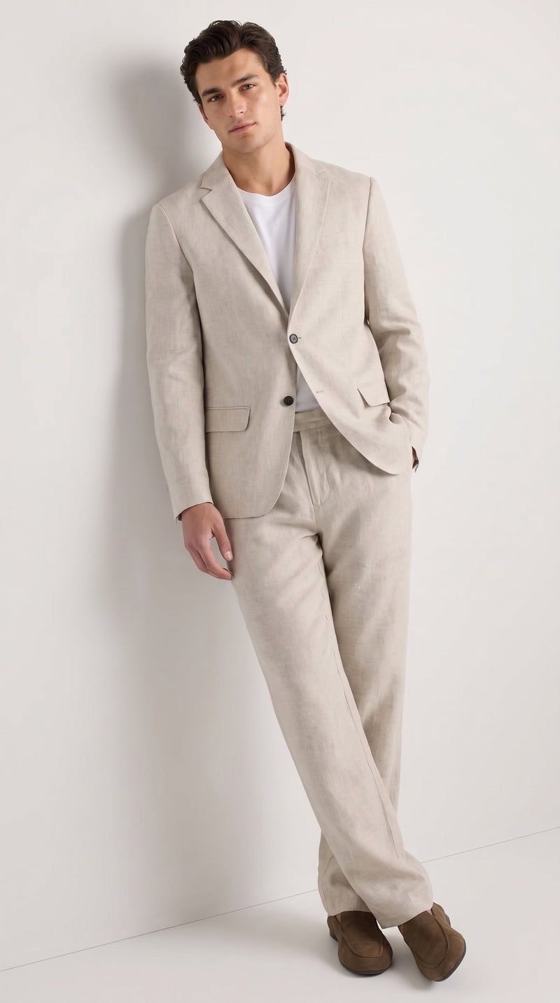 Men’s Informal Summer Suit, Light Beige Casual Linen Style Blazer and Pants Set