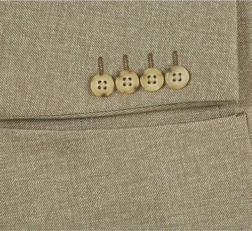 Khaki slim-fit blazer with textured diagonal weave fabric. Features notch lapel, half-canvas construction, and four light-colored sleeve buttons.
