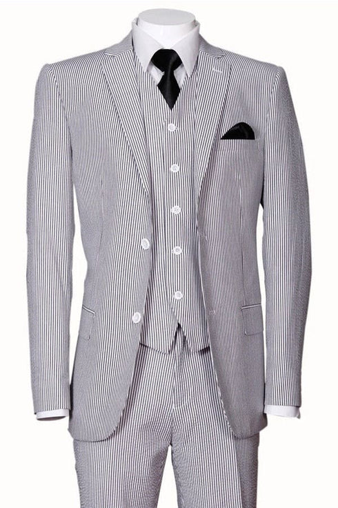 BLACK SEERSUCKER SUIT, MEN'S 2-BUTTON VESTED SUMMER STYLE