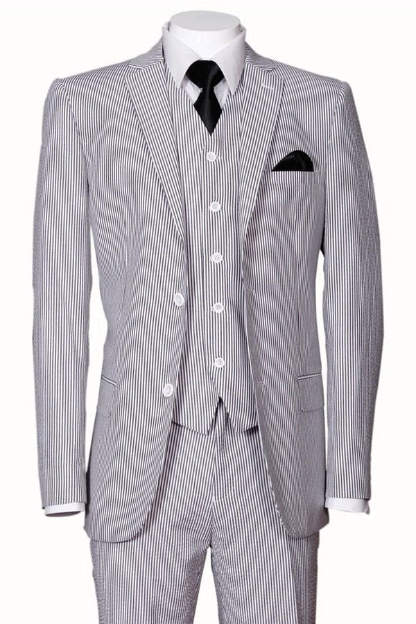 BLACK SEERSUCKER SUIT, MEN'S 2-BUTTON VESTED SUMMER STYLE