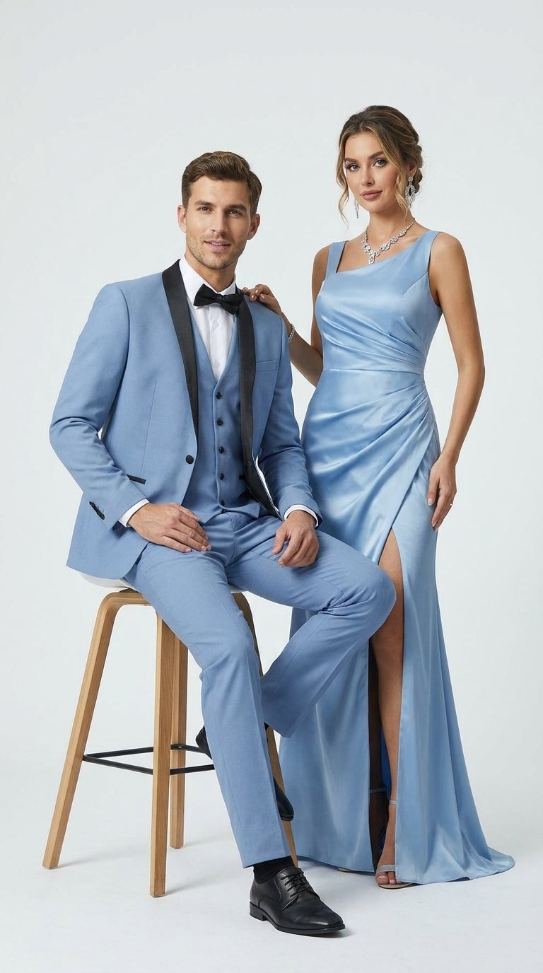 Men’s Powder Blue 3 Piece Tuxedo Suit – Light Blue Shawl Lapel Wedding Prom Suit with Vest