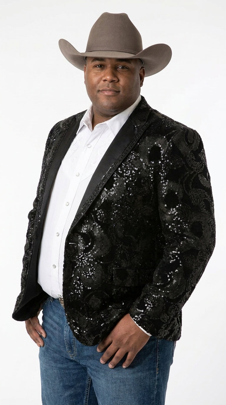 【Vaquera】21aw BLACK TUXEDO BLAZER Men's Black Sequin Western Blazer – Embroidered Cowboy Tuxedo