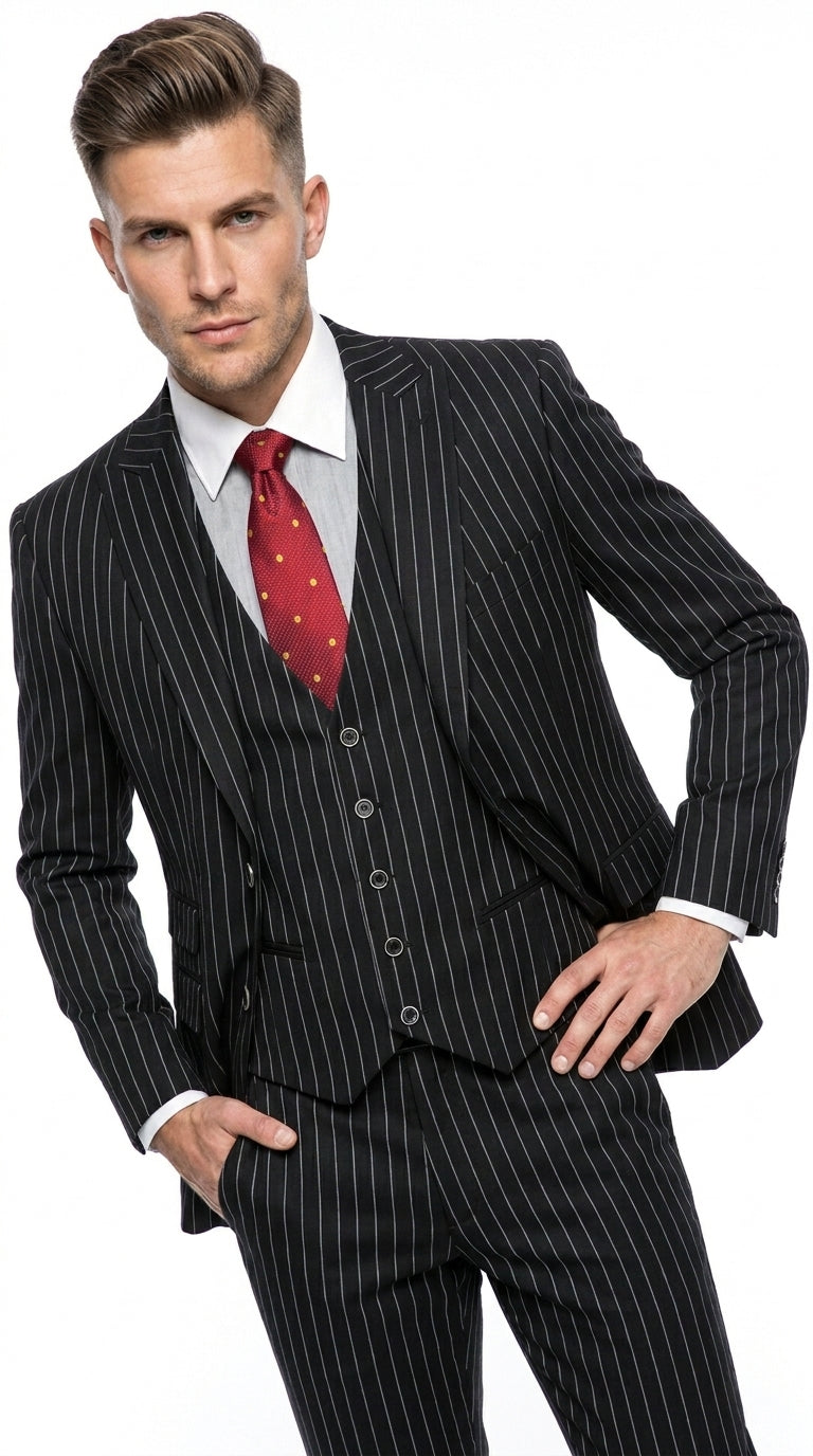 Men’s Beetlejuice Black Pinstripe 3 Piece Suit – Vintage Gothic Halloween Costume Suit