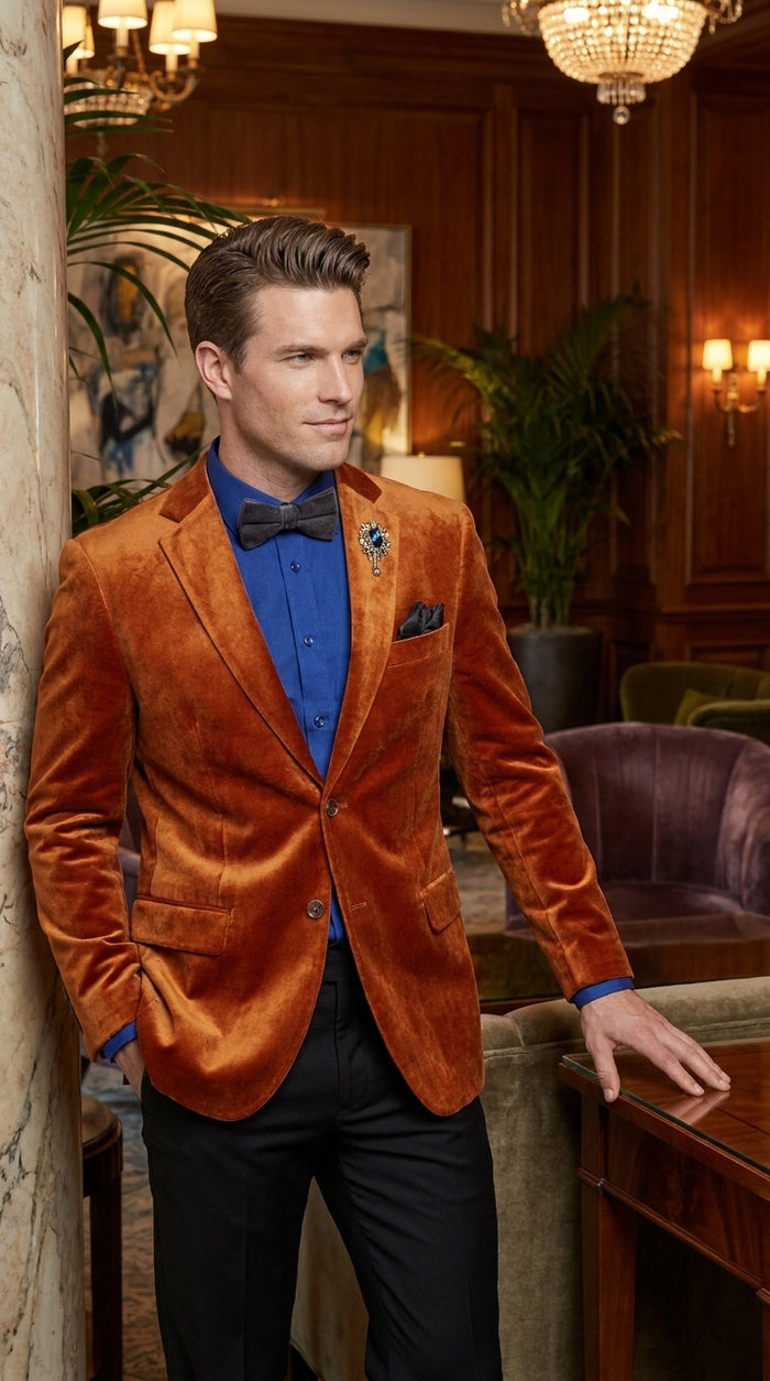 Men’s Burnt Orange Velvet Blazer – Kingsman Golden Bee Inspired Luxury Dinner Jacket