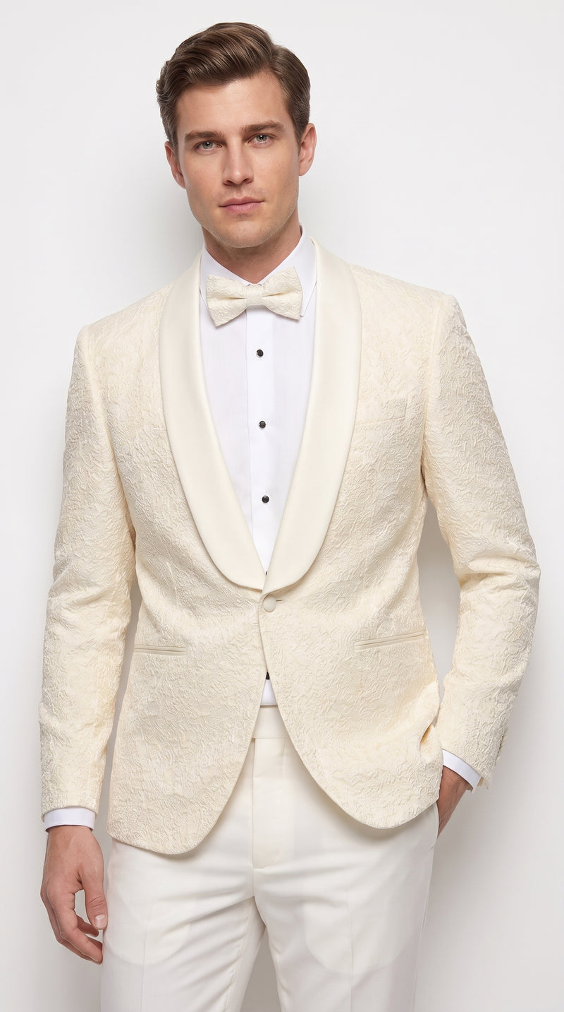 Men’s Ivory Off White Jacquard Dinner Jacket – Cream Tuxedo Blazer for Weddings & Formal Events + Bowtie included