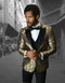 Gold floral tuxedo with peak lapel, single-button closure, and a fitted silhouette. Includes a black bow tie and vest. Perfect for a formal, eye-catching look.
