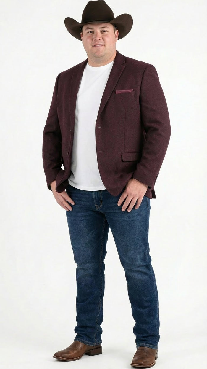 Mens Burgundy Western  Blazer Jacket, Textured Cowboy Style Sport Coat for  - Tweed Herringbone Maroon Color