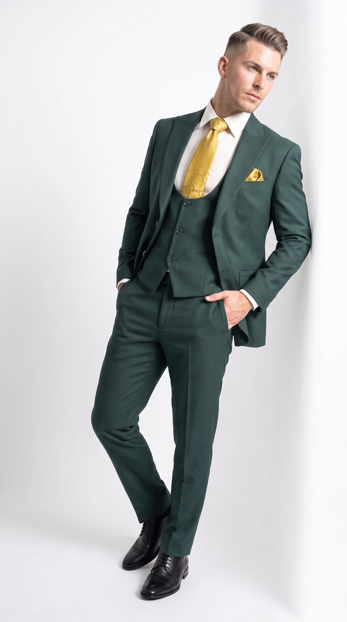 Mens Vitali 3 Piece Suit W/Scoop Vest Hunter Green 3-Piece Suit –, Big Peak Lapel  Vest and Pants  Modern Fit Two Buttons