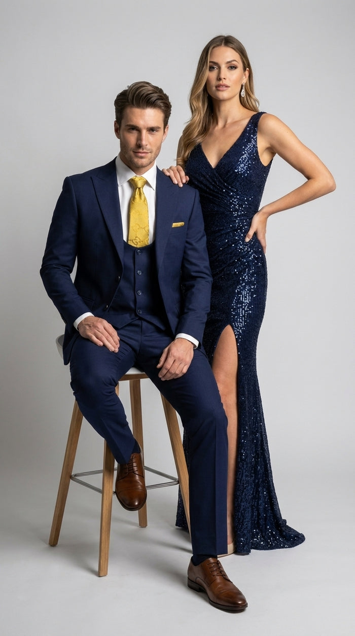 Mens Vitali 3 Piece Suit W/Scoop Vest Navy Blue 3-Piece Suit – Big Peak Lapel  Vest and Pants  Modern Fit Two Buttons