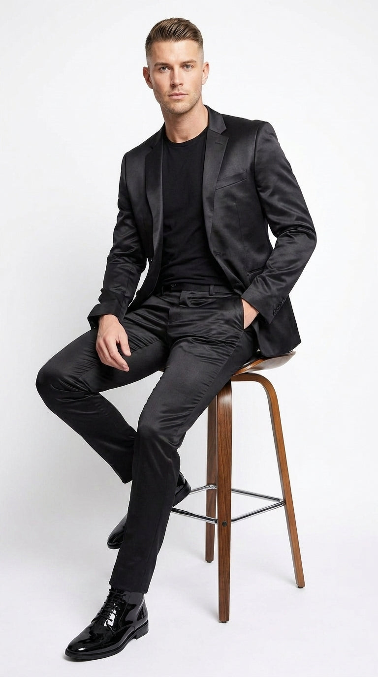 Men’s Black Shiny Sharkskin 2 Piece Suit, Formal Wedding Prom Party Dress Suit