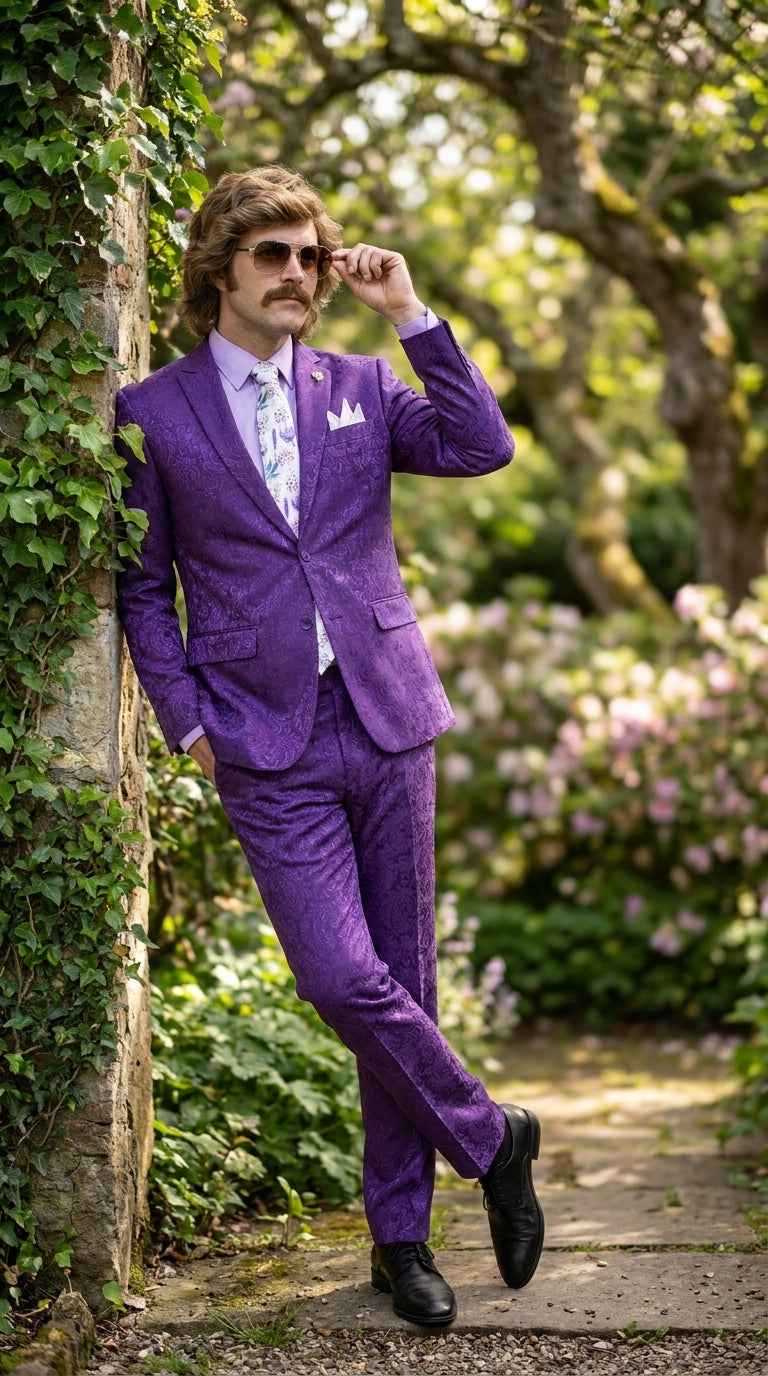Men’s Purple Paisley 2-Piece Suit – 1970s Disco, Retro Rockabilly, Prom and Party Suit