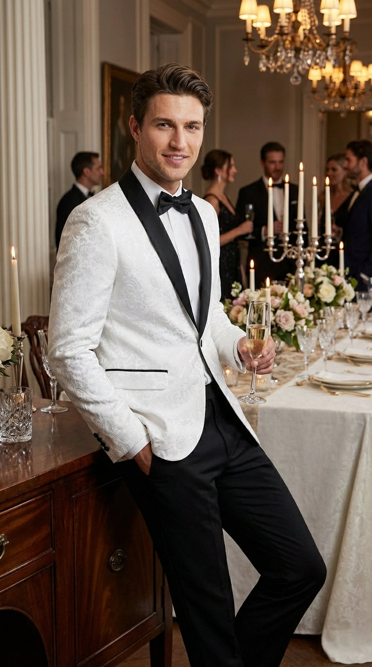 Men’s White Dinner Jacket Disco Blazer 1980s Sequin Style Jacket – Black Lapel Party Blazer, Formal Masquerade Club Wear Paisley Fabric + Bowtie