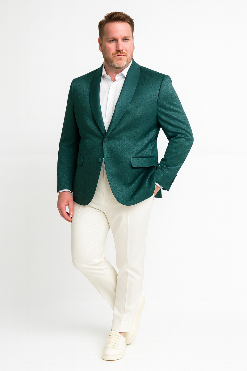 Men's teal green slim-fit blazer with floral jacquard pattern. Features single-button closure, notched lapels, and two front pockets. Made from shiny fabric.
