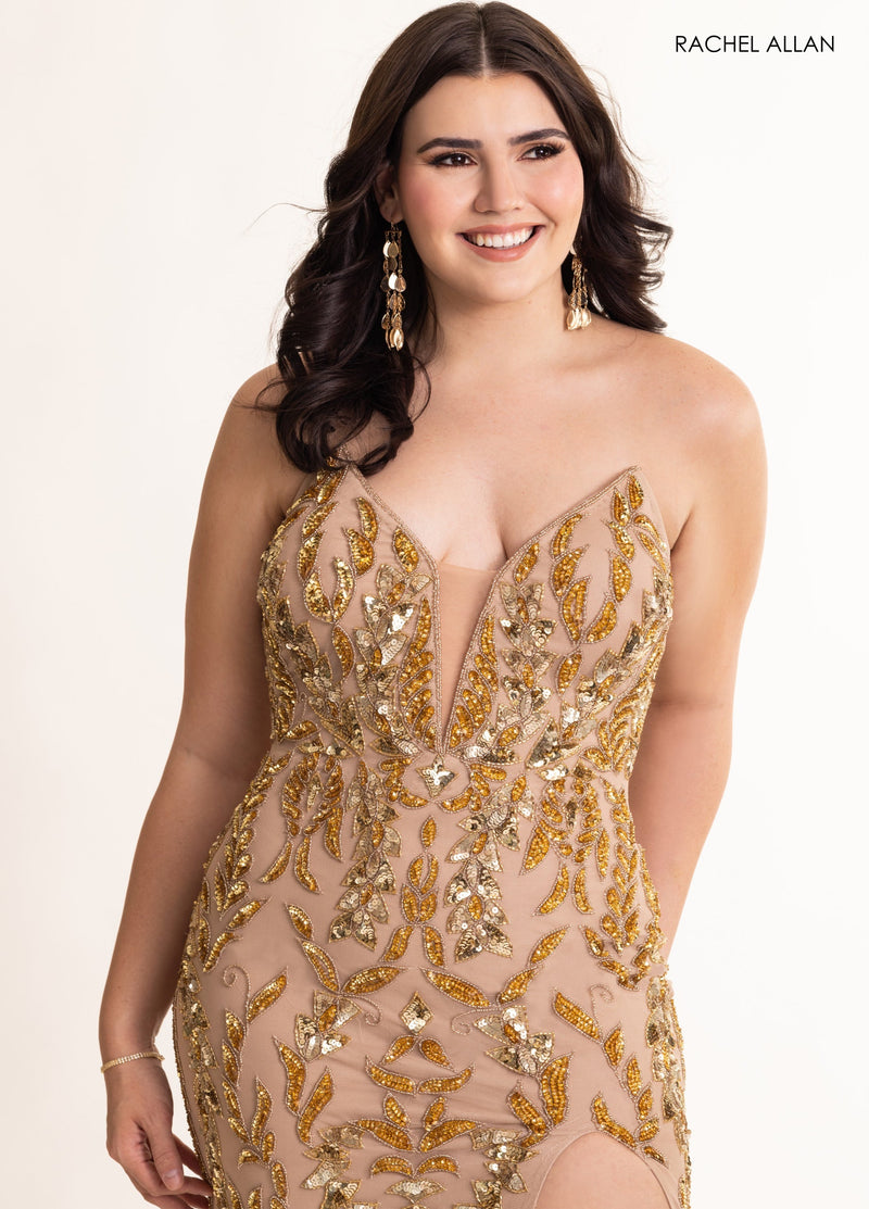 Beaded Strapless Slit Gown by Rachel Allan 70931