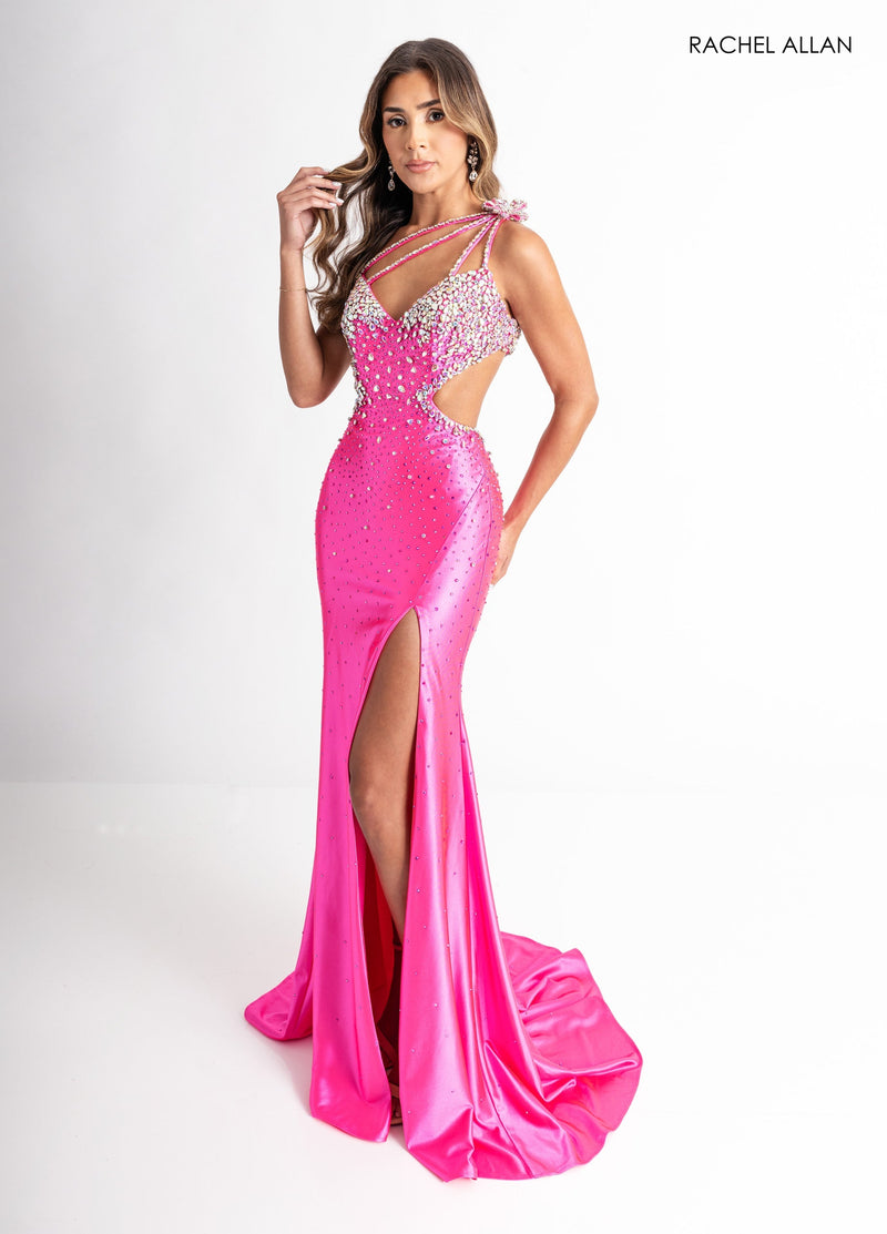 Beaded One Shoulder Slit Gown by Rachel Allan 70943