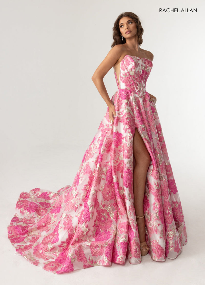 Print Strapless A-line Slit Gown by Rachel Allan 70975