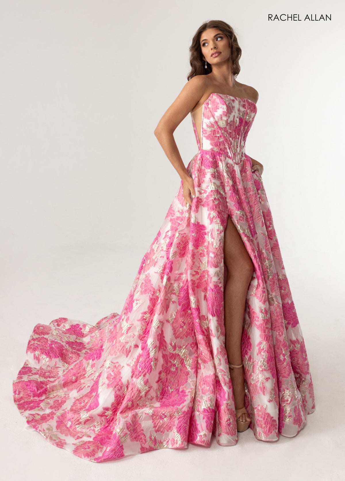 Print Strapless A-line Slit Gown by Rachel Allan 70975