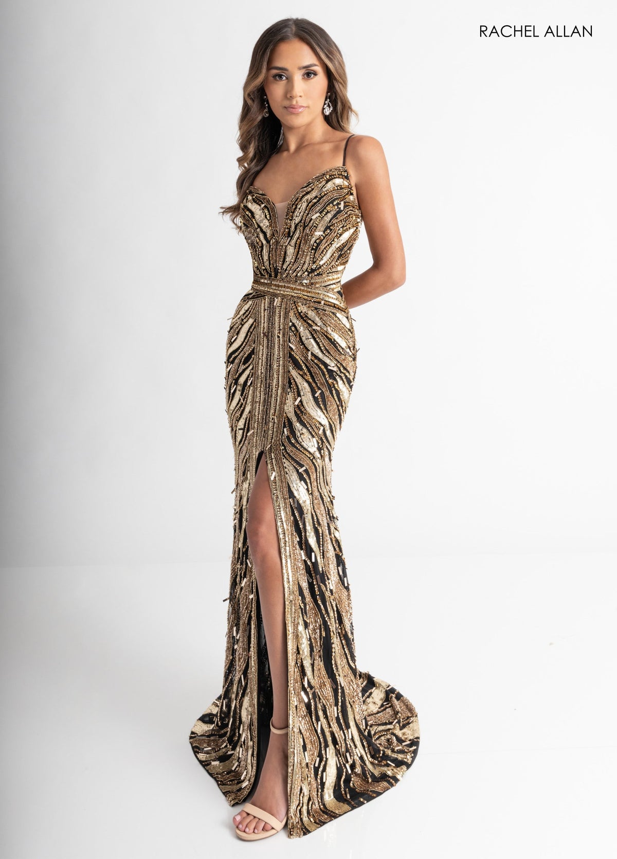 Beaded Sleeveless Slit Gown by Rachel Allan 70990