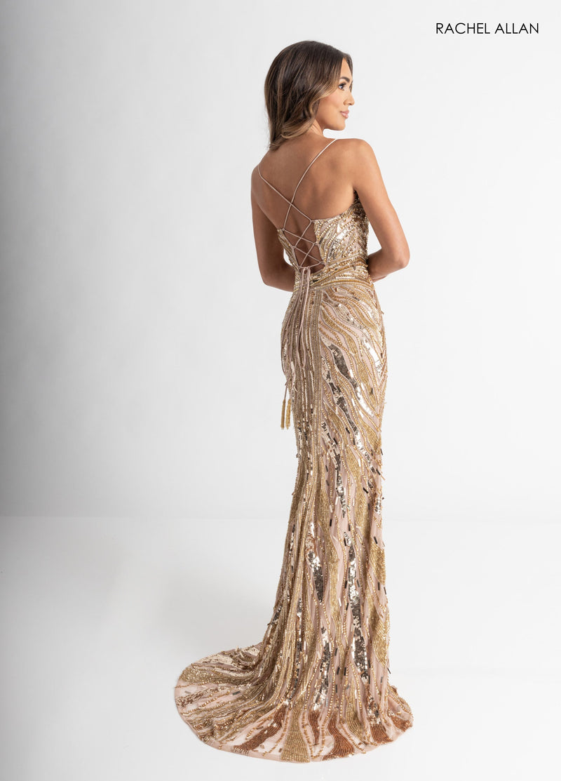 Beaded Sleeveless Slit Gown by Rachel Allan 70990