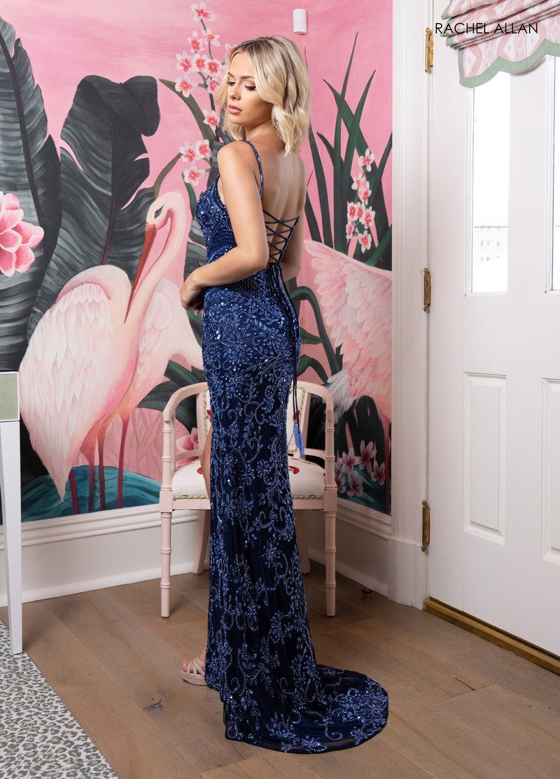 Beaded Sleeveless Slit Gown by Rachel Allan 70999
