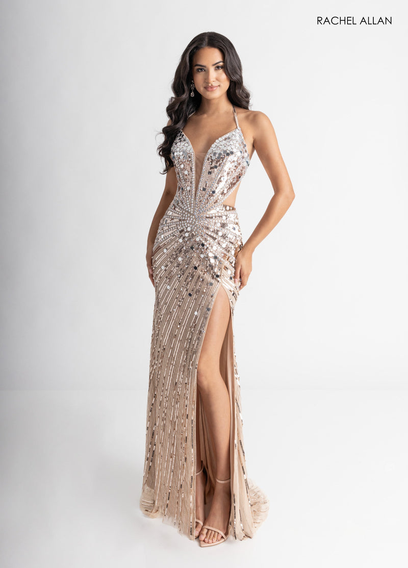 Mirror Beaded V-Neck Slit Gown by Rachel Allan 71011