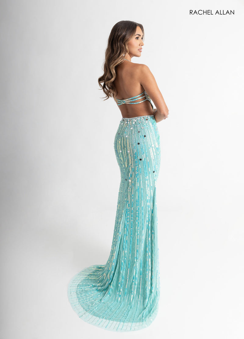 Mirror Beaded V-Neck Slit Gown by Rachel Allan 71011