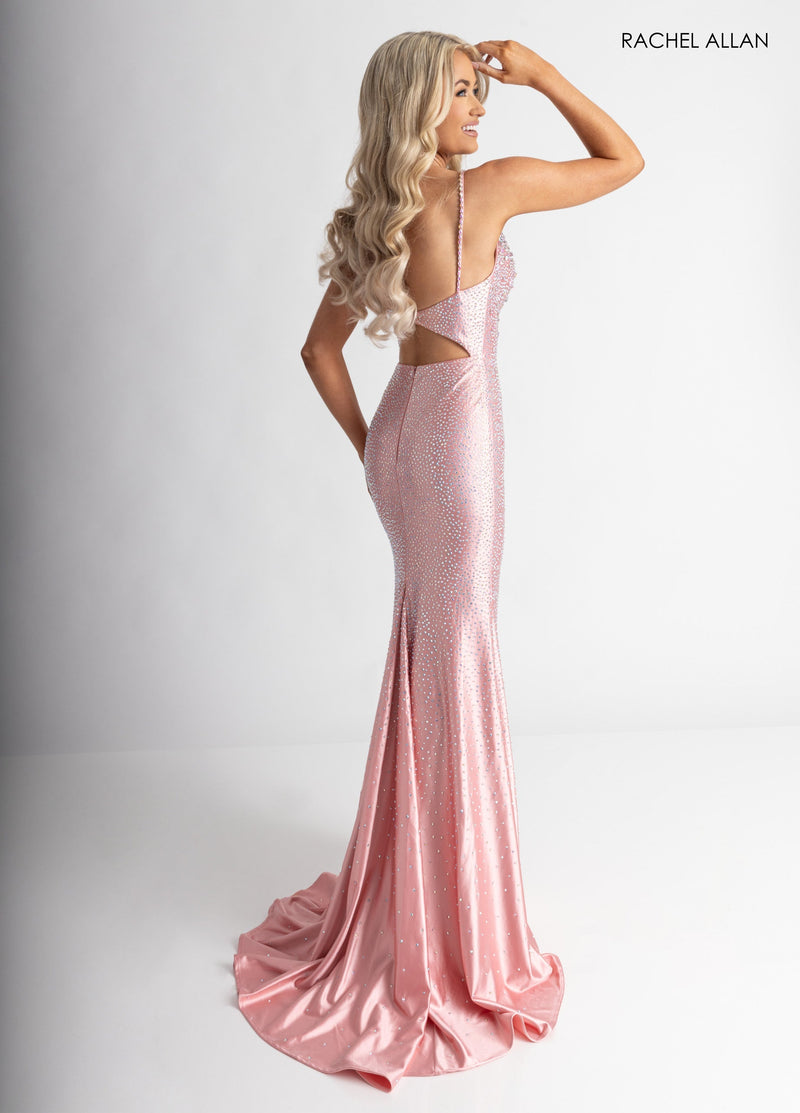 Satin Sleeveless Slit Gown by Rachel Allan 71014