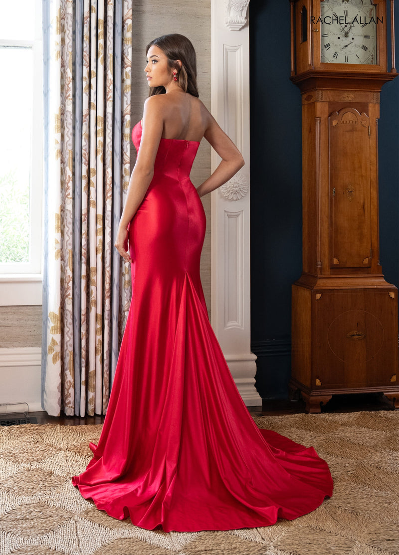 Satin Strapless Slit Gown by Rachel Allan 71022