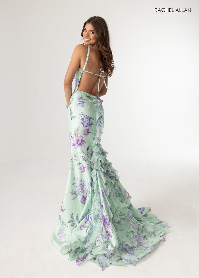 Floral Print Fitted Ruffled Gown by Rachel Allan 71023
